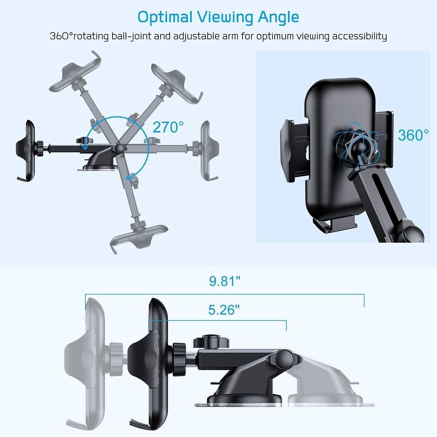 VANMASS Universal Car Phone Holder with Strong Suction & Clip Mount