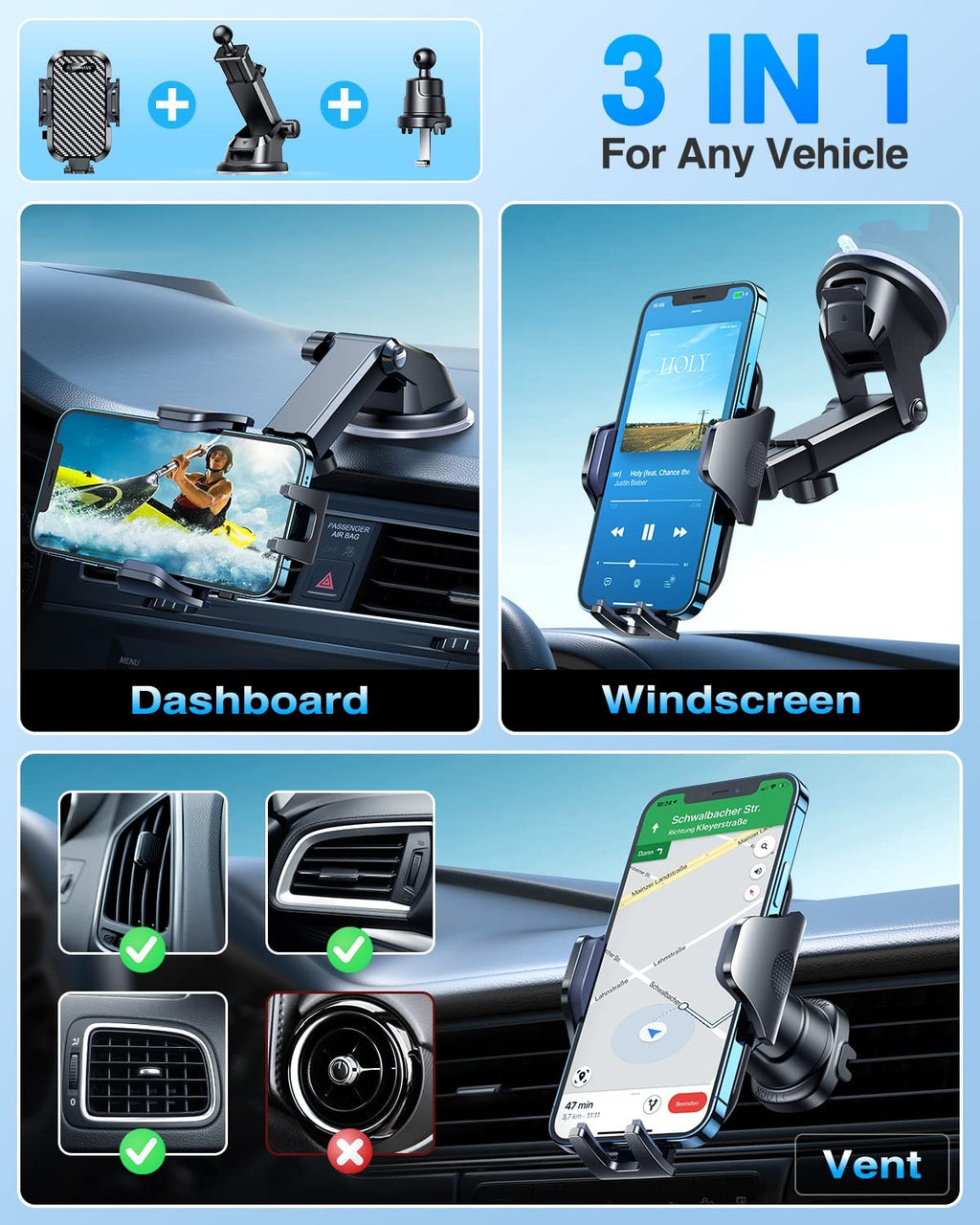 VANMASS Universal Car Phone Holder with Strong Suction & Clip Mount