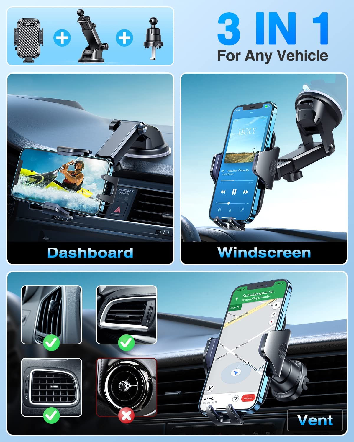 VANMASS Universal Car Phone Holder with Strong Suction & Clip Mount