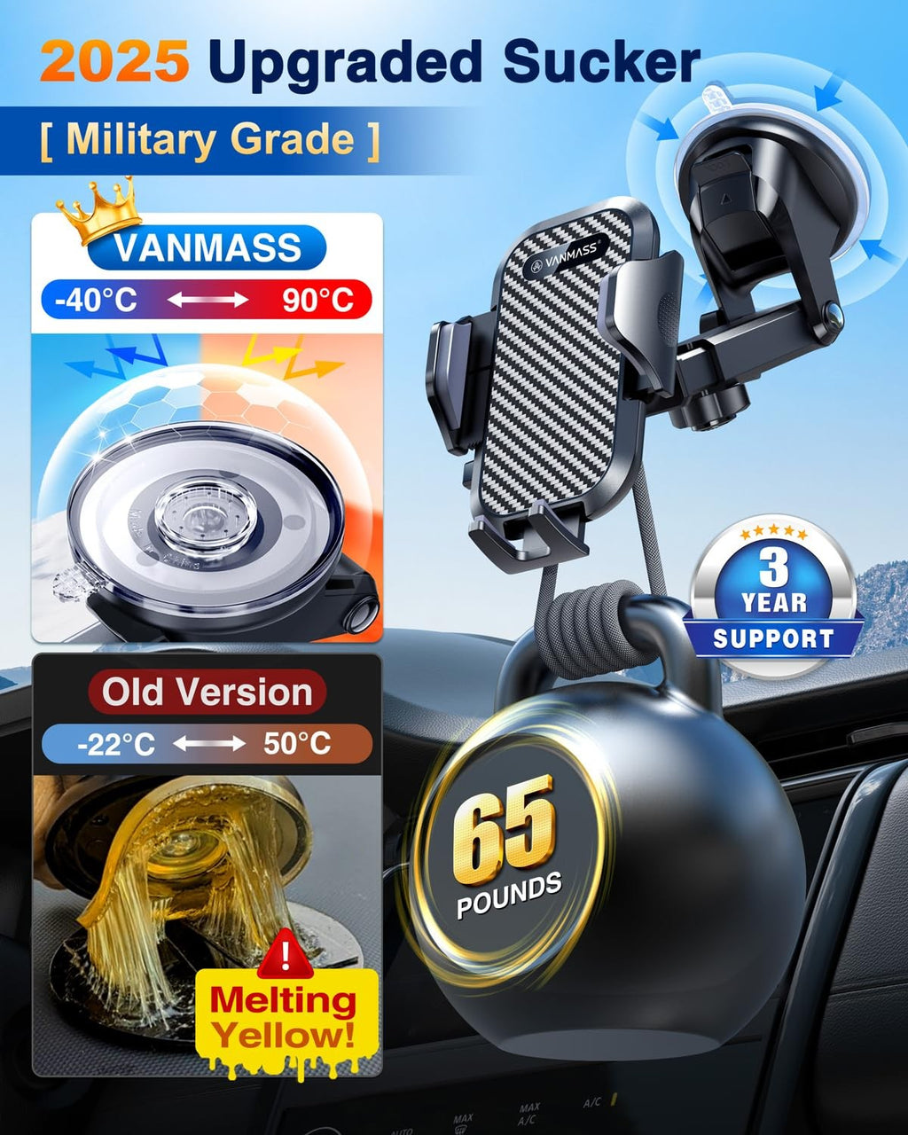 VANMASS Universal Car Phone Holder with Strong Suction & Clip Mount
