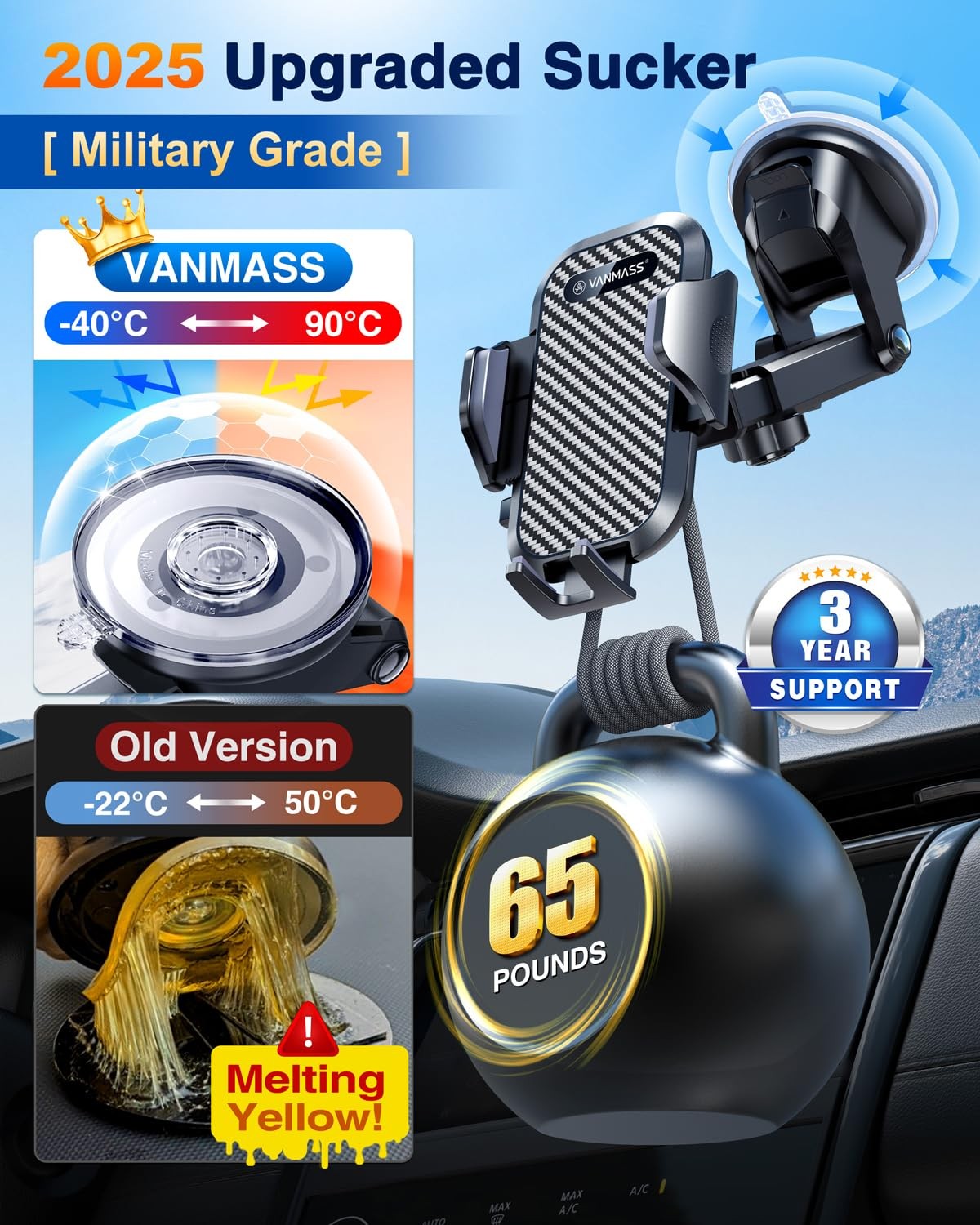 VANMASS Universal Car Phone Holder with Strong Suction & Clip Mount