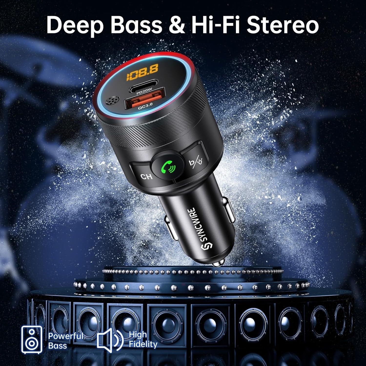 Syncwire CH93 Bluetooth 5.1 Car FM Transmitter with 38W PD & QC3.0 Fast Charging