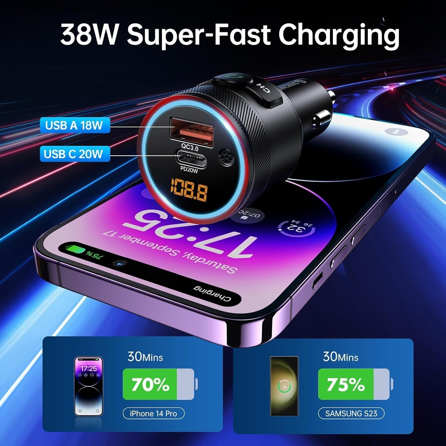 Syncwire CH93 Bluetooth 5.1 Car FM Transmitter with 38W PD & QC3.0 Fast Charging